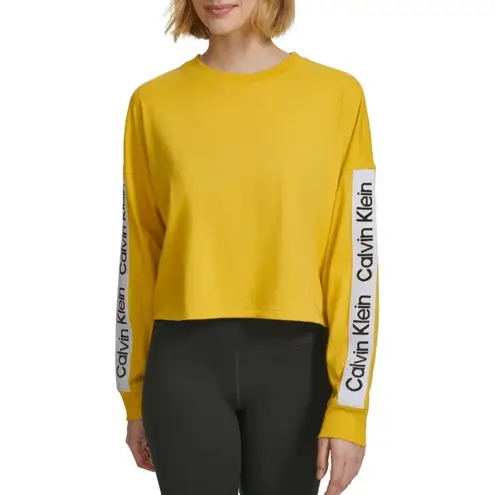 Calvin Klein  Performance (M) Cropped Logo Stripe Long Sleeve Crew Neck Top Tee