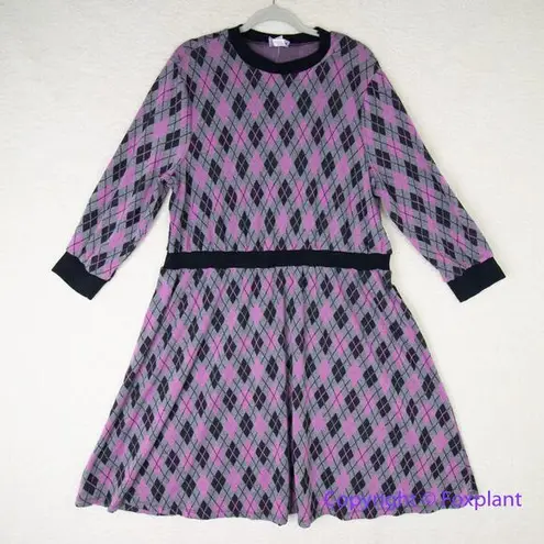 Unique Vintage Adorable Purple & Pink Argyle Sweater Dress women plus size 1X