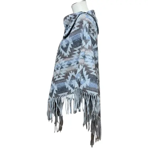 Aztec Print Poncho Fringe Tassel Gray Brown Blue Black OSFM Size undefined
