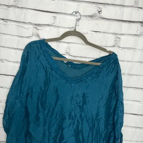 Tempo Paris Teal Crinkle V-Neck Tunic Top Women’s S Boho Oversized Asymmetrical