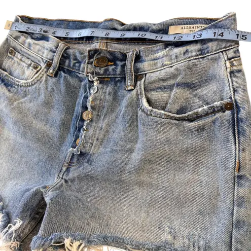 ALLSAINTS Denim Shorts Women Sz 27 Mid Rise Frayed Boy Short Cut Offs Beach Blue