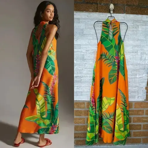 Farm Rio ANTHROPOLOGIE Tropical Leaves Print Halter Maxi Dress XXS Orange
