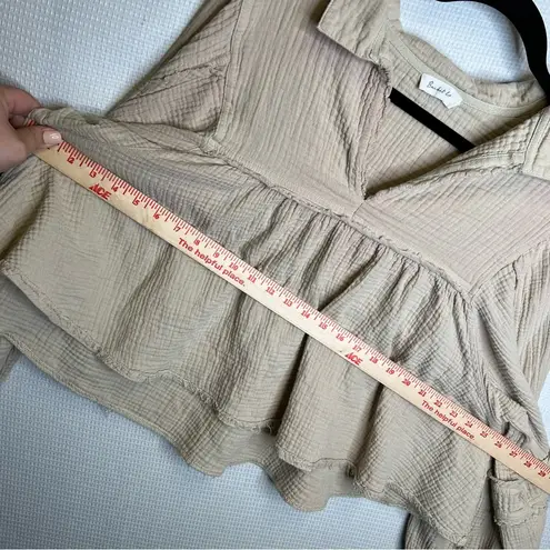 Bucket List | Crop Tan and Cream Polo Collar Long Sleeve Blouse Small