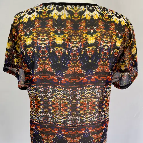 LA Made New Sheer Chiffon Short Sleeve Top High Low Hem Multi Totem Print