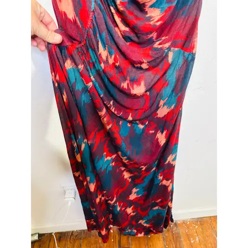 Ulla Johnson Red Green Abstract Boat Neck Side Ruched Livia Dress size Medium