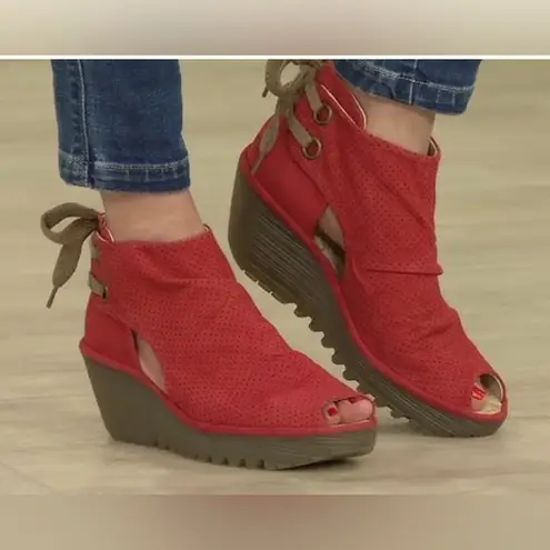 Fly London Yull Red Perforated Nubuck Peep-Toe Wedge Sandals size 40 (9-9.5)