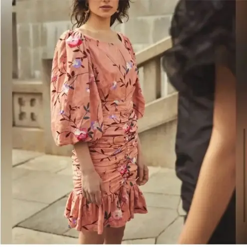 ByTimo Ruched Floral Embroidered Jacquard Dress Balloon Sleeves Coral Size XS Pink