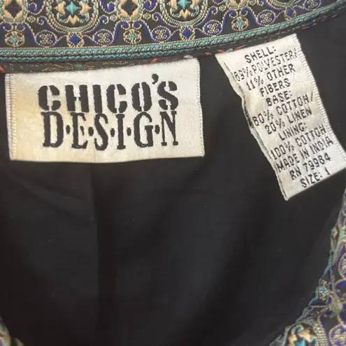 VTG Chicos Statement Gold Tapestry Artsy Jacket Sz 1, US 8 Bohemian Zip Blue