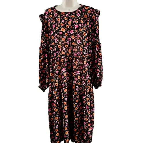 H&M Divided Floral Long Sleeve Tiered Midi Dress Size Medium Black Pink Orange