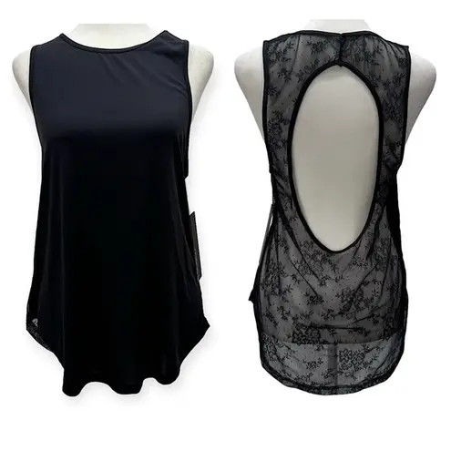 Mono B Black Lightweight Nylon Spandex Swim Cover Open Lace Back Tank Top S