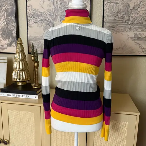 COURREGES Colorful Striped Ribbed Knit Turtleneck Sweater Size 1 Small Cashmere White