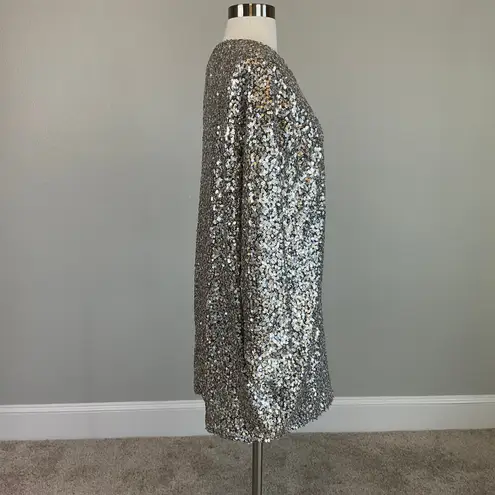 AQUA Silver Sequined Long Sleeve Mini Shift Cocktail Dress Size 12 Boat Neck by 