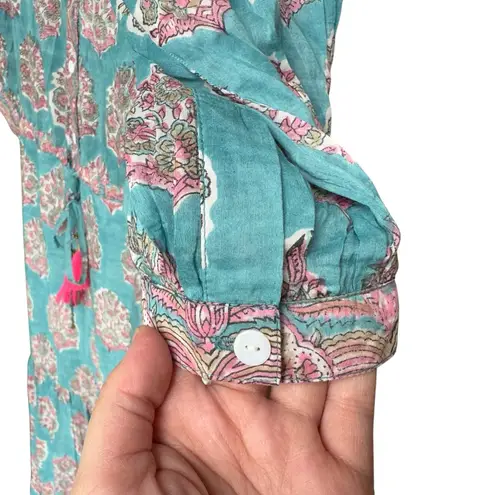 Alicia Bell Lola Ruffle Cotton Silk Boho Tiered Maxi Cover Up Dress Teal Pink M Size M