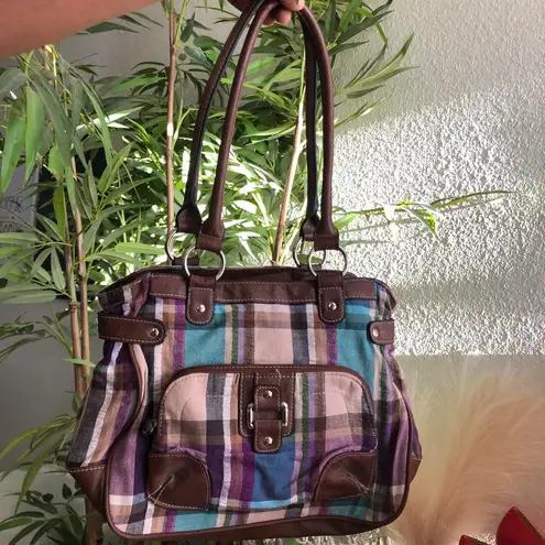 2000s Y2K quirky retro Multicolored colorful plaid shoulder hand bag purse brown leather trim silver hardware