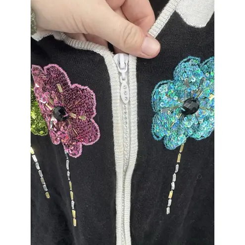 Jack B. Quick Floral Sequin Embroidered Zip Sweater Women XXL Black Retro Funky