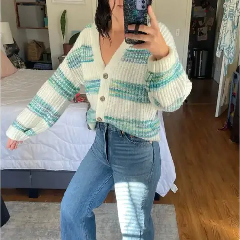 Slate + Willow White Teal Striped Oversized Cardigan Sweater SMALL Cropped $125