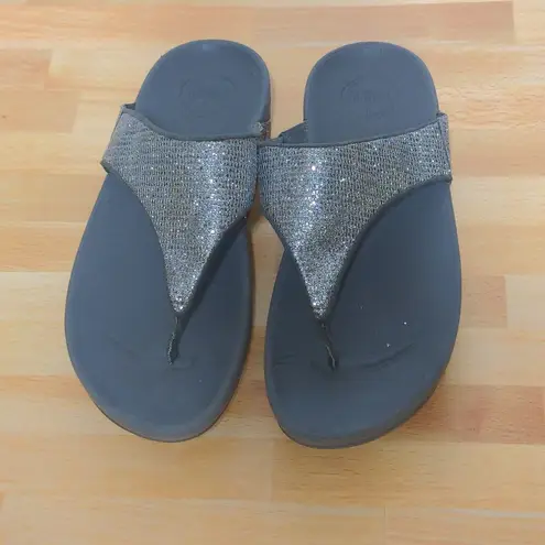 FitFlop Silver Lulu Superglitz Sandals Thong Flip Flop Sequins - Size 8