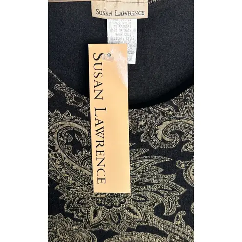 Susan Lawrence Maxi Dress Size Large Black Gold Paisley Short Sleeve Side Slit