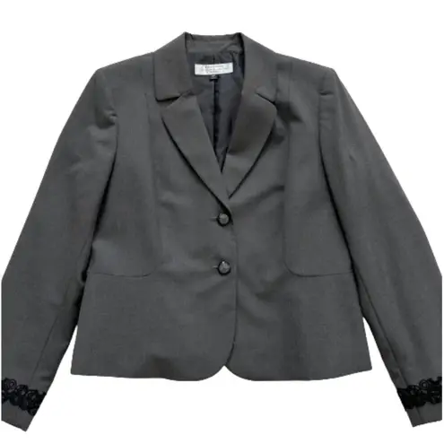 Tahari ASL Blazer Jacket Petite Charcoal Gray Black Lace Trim Career Size 12P
