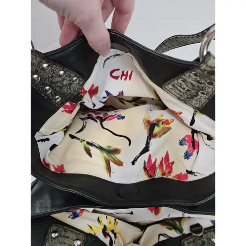 Chi by Carlos Falchi Lambskin & Snakeskin 3 Compartment Shoulder Handbag Black