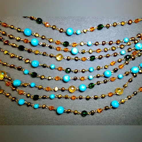 Multi Strand Beaded Necklace Gold Tone Metal, Turquoise, Green & Amber By Sequin Blue