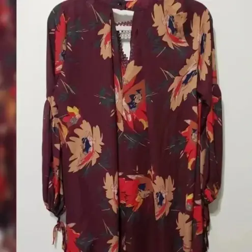 Umgee  Boho Floral Tunic Dress Burgundy Long Sleeve Fall Mini Dress Size Small