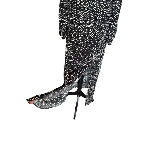Black & White Polka Dot Long Sleeve Midi Peasant Dress Square Neck Ruched Size L Size L