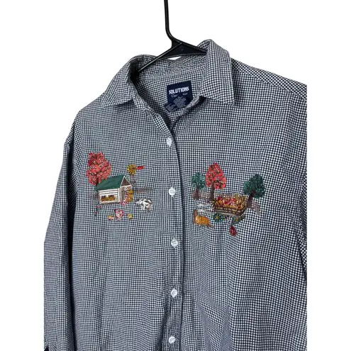 Solutions Casualwear Blue Gingham Embroidered Farm Scene Button Up Shirt M Size undefined