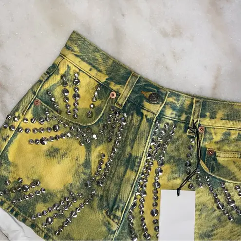 Gucci  Washed Studded And Tiger Embroidered Denim Shorts in Green/Yellow