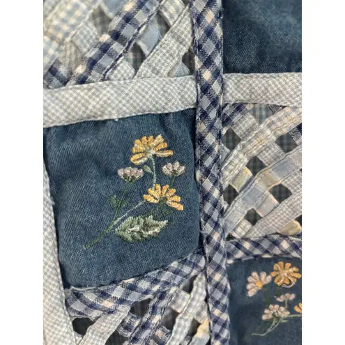 Vintage Vest Womens Size PL Blue Cream Gingham Embroidered Beaded Sunflower