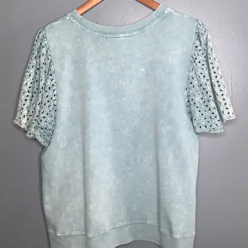Jane and Delancey Sky Blue Eyelet Short Sleeve Blouse Large