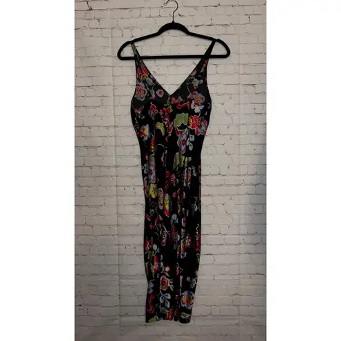 Natori Black Floral Print Slip Dress V Neck Spaghetti Straps Midi Night Gown XS