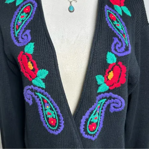 Heirlooms Classics Embroidered Floral Paisley Cardigan M | Boho Retro Folk Knit Black Size M