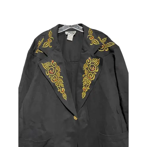 Vintage DVine Womens Embroidered Blazer Jacket Black & Gold With Red Accents 3x