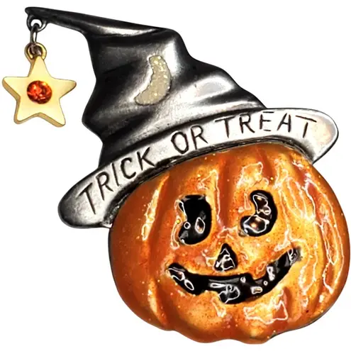 Trick or Treat Jack o Lantern Witch Hat Brooch Enamel Halloween AJMC 2" Vtg Orange