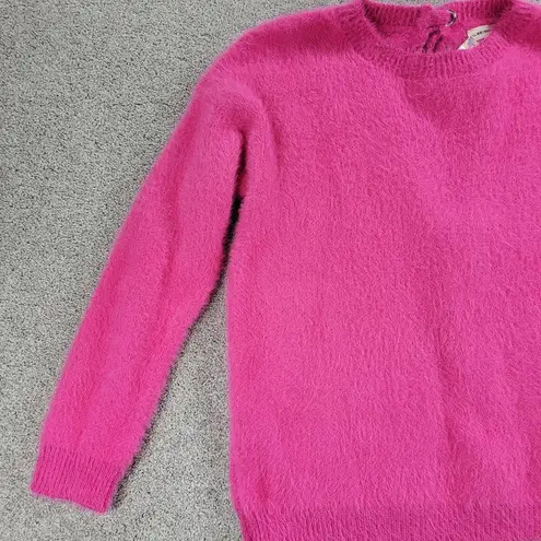 ee:some  Womens Back Tie Sweater Medium Pink Eyelash Faux Fur Ribbed Trim NEW