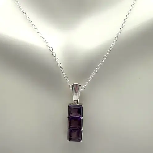 Amethyst Necklace Signed VJ India Sterling Silver Pendant w/Sterling Plate Chain Purple