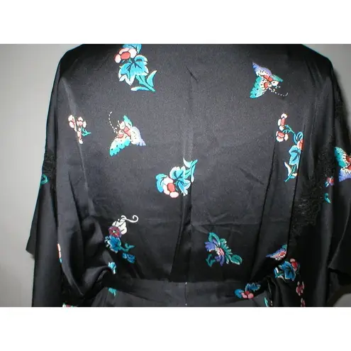 Natori NWT New Designer Short Wrap Robe Womens L Silky Satin Flowers Black Lace