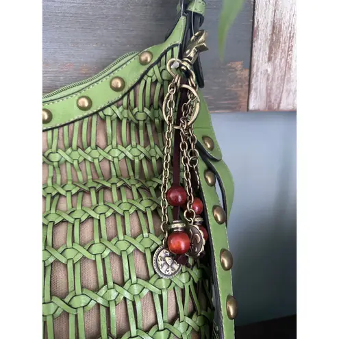Kathy Van Zeeland Studded Green Woven Faux Leather Crossbody Bag Y2K