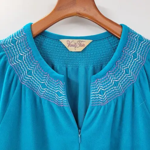 Vanity Fair VTG House Coat Womens M Blue Embroidered Collar Cuffs Fleece Long