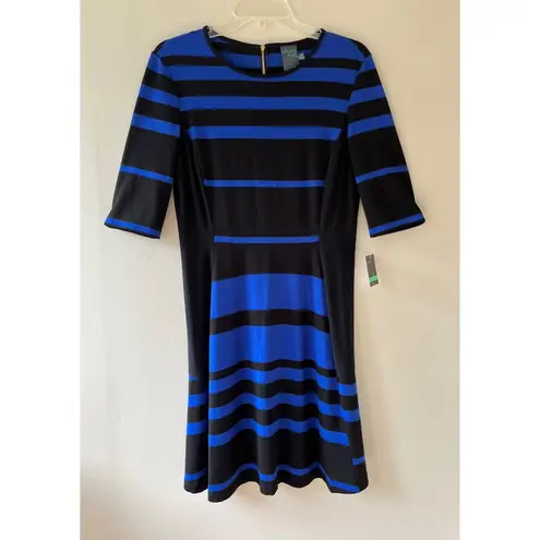 Gabby Skye Sz 8 Blue Black Stripe Elbow Sleeve Fit Flare Stretch Midi Dress Zip