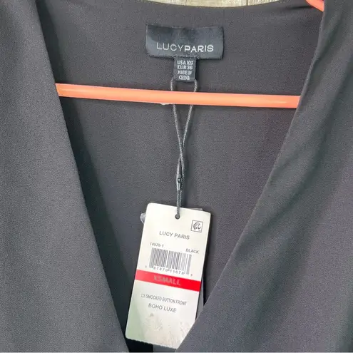 Lucy Paris Size XS Black Sheer Long Sleeve Faux Button Front V-Neck Ruffle Hem