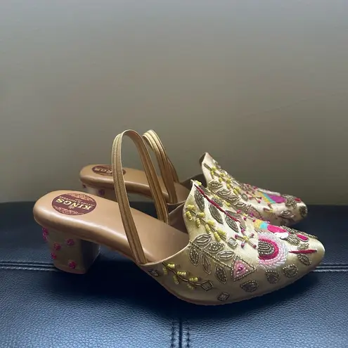 Handmade embroidered, beaded, and embellished slingback pointed toe block heels Gold Size 8