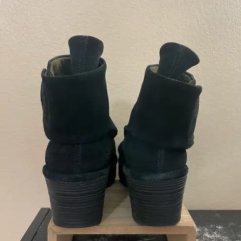 Fly London Size 37 Booties Suede Wrap Around Wedge Heel Short Black Boots US 6