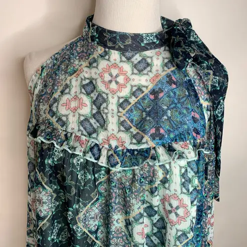 Libby Edelman  Blue Sheer Blouse High Neck Cold Shoulder Sz Medium