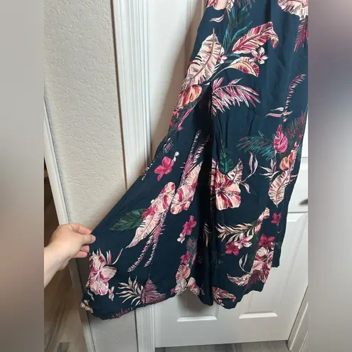 Patrons of Peace Dark Blue Tropical Floral Slit Stretch Tie Women’s Maxi Skirt L