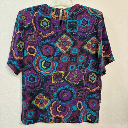 August Silk Silk Blouse Vibrant Paisley Floral Print Short Sleeve Top Retro Y2K