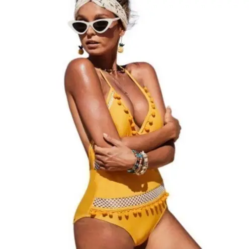 Lovey’s Boutique NEW Ember Yellow Pom Pom Mesh One Piece Swimsuit Size L Size L