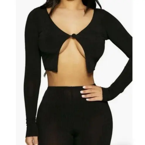 Naked Wardrobe Black Slinky Stretch One Button Cropped Cardigan Top