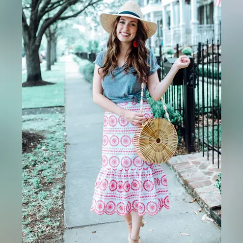 Boden Broderie Embroidered Scalloped Lined Hem Midi Skirt Red White Size 2P